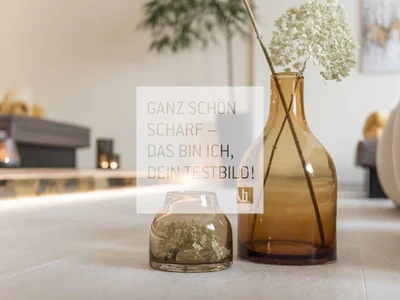 Zwei braune Glasvasen mit weißen Blumen auf einem Tisch in einem Wohnzimmer