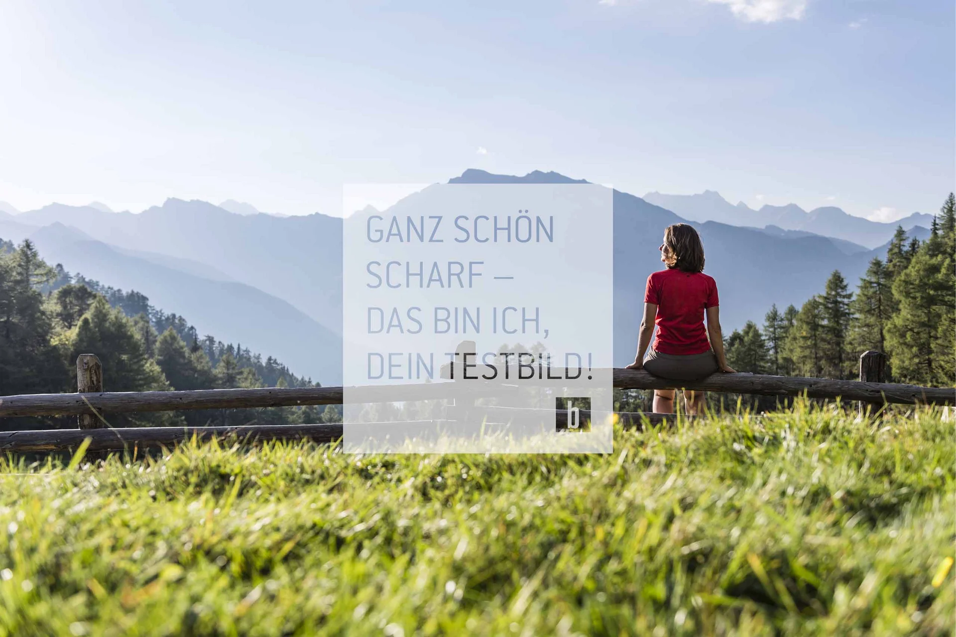 ALLE INHALTSELEMENTE Frau sitzt auf Holzgeländer mit Bergsicht bei sonnigem Wetter
