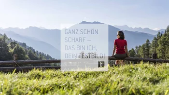 Woman sitting on wooden railing overlooking mountains in sunny weather