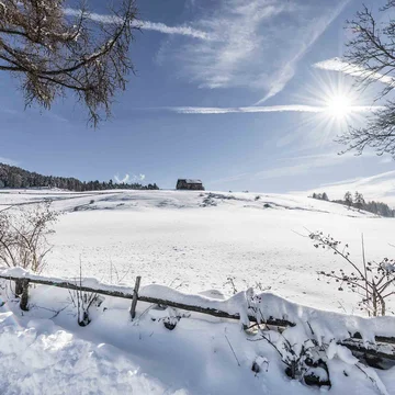Schneebedeckte Landschaft mit Sonne und blauem Himmel