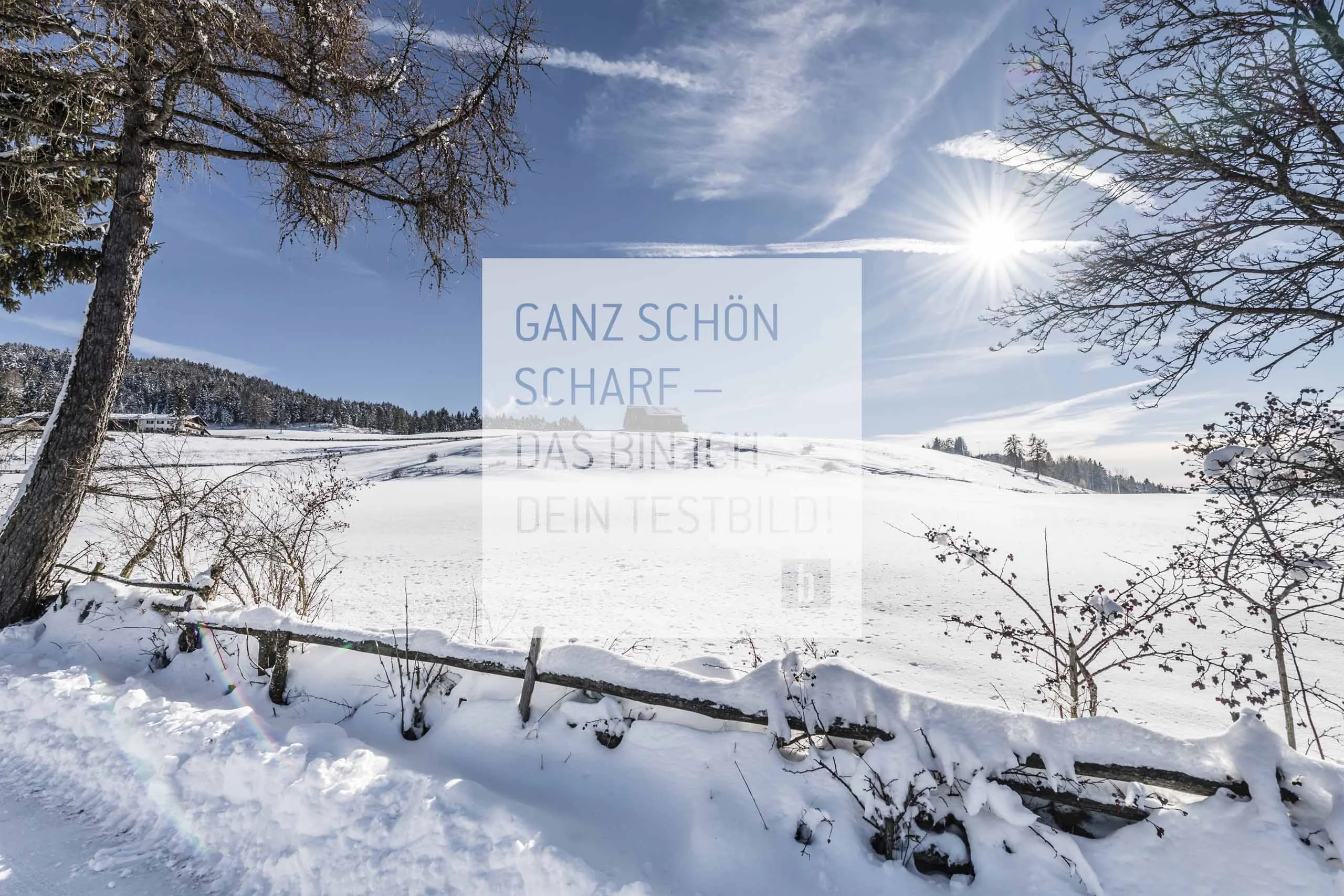 Schneebedeckte Landschaft mit Sonne und blauem Himmel