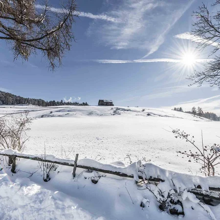 Schneebedeckte Landschaft mit Sonne und blauem Himmel