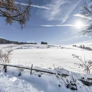 Schneebedeckte Landschaft mit Sonne und blauem Himmel