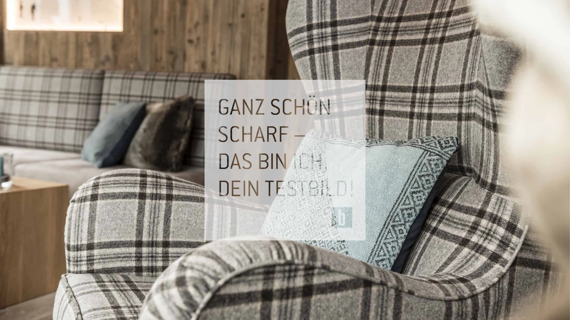 Gemütlicher Sessel mit kariertem Stoff und Zierkissen in modernem Wohnzimmer