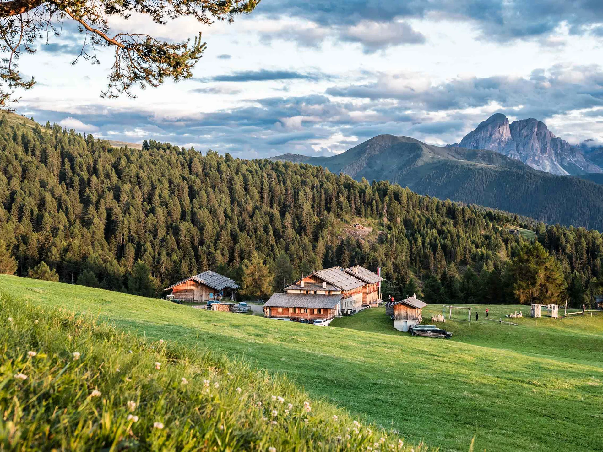 Beispielaufbau einer Unterseite Berglandschaft mit Wald, Häusern und wolkigem Himmel