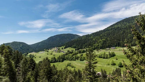 Berge und Wald mit blauem Himmel und Text in deutscher Sprache