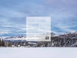 Schneebedeckte Landschaft mit Bergen, Bäumen und blauem Himmel