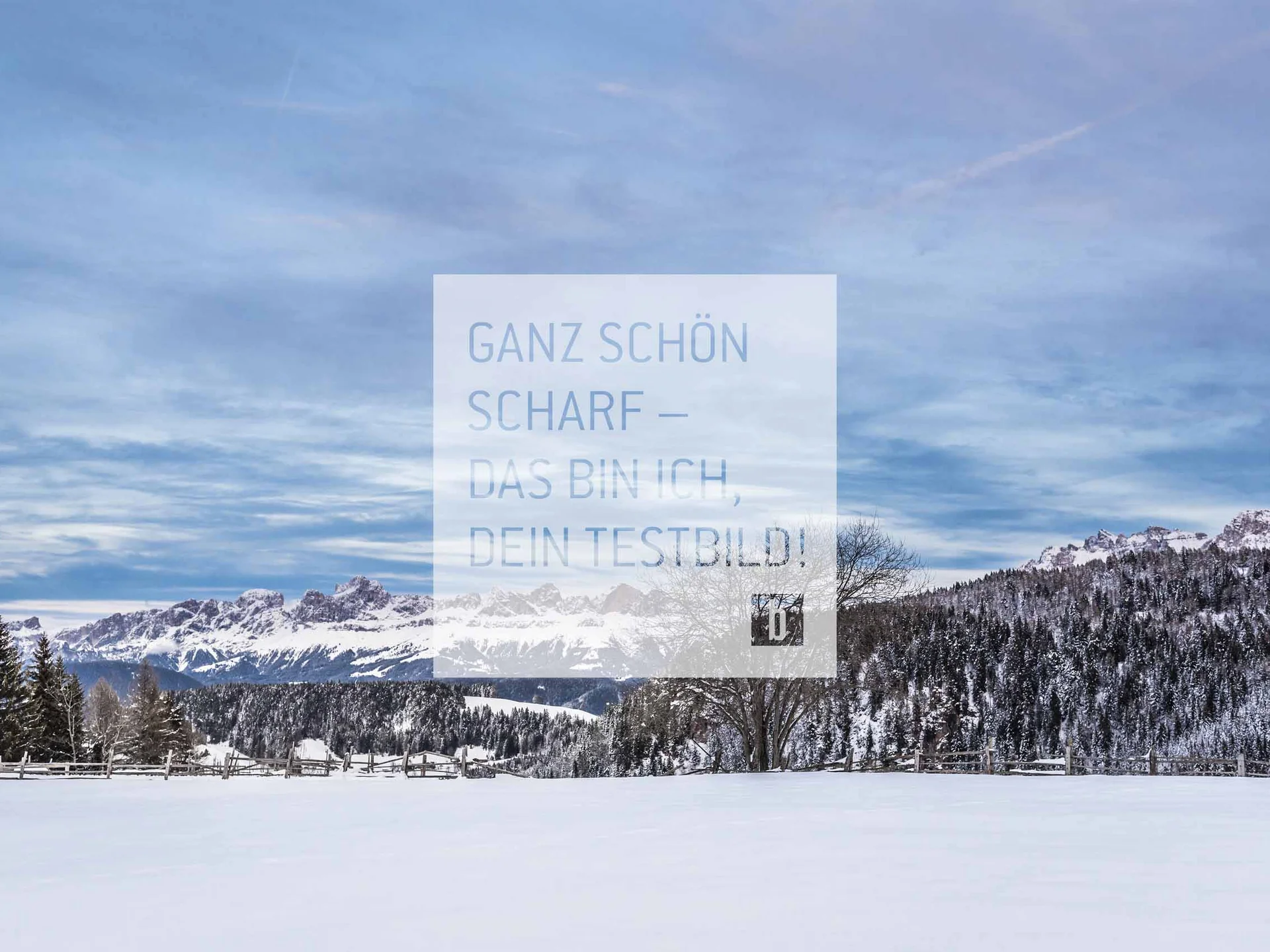 Schneebedeckte Landschaft mit Bergen, Bäumen und blauem Himmel