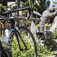 Bicicletta da corsa bianca e nera con borraccia davanti a giardino con rocce e fiori